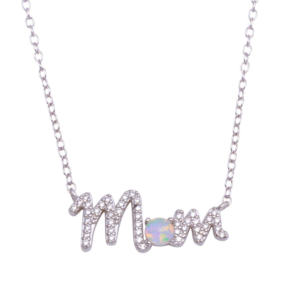 Sterling Silver Rhodium Plated Round MOM CZ Synthetic Opal Necklace