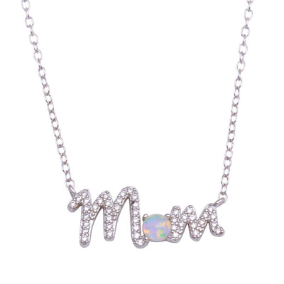 Sterling Silver Rhodium Plated Round MOM CZ Synthetic Opal Necklace