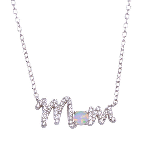 Sterling Silver Rhodium Plated Round MOM CZ Synthetic Opal Necklace