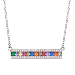 Sterling Silver Rhodium Plated Rainbow Multi Color CZ Bar Necklace