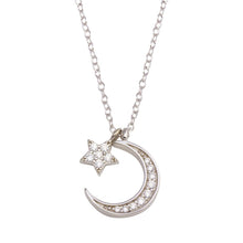 Load image into Gallery viewer, Sterling Silver Rhodium Plated Dangling Flower Crescent CZ Necklace