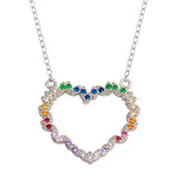 Sterling Silver Rhodium Plated Rainbow Multi Color CZ Hearts Necklace