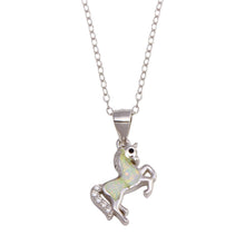 Load image into Gallery viewer, Sterling Silver Rhodium Plated Unicorn Synthetic Opal Necklace with CZ