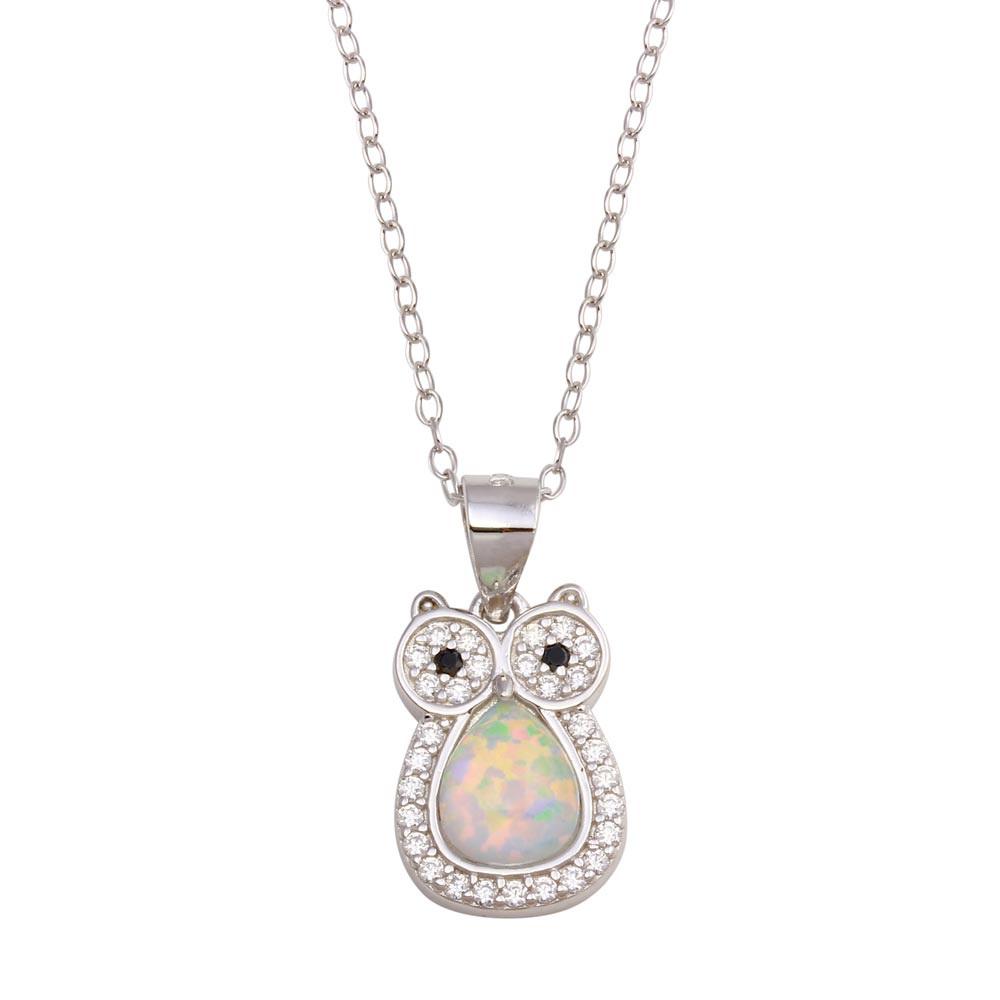 Sterling Silver Rhodium Plated Owl Synthetic Opal Necklace with CZ