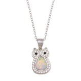 Sterling Silver Rhodium Plated Owl Synthetic Opal Necklace with CZ