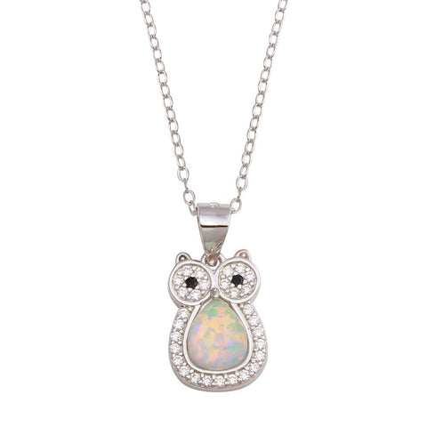 Sterling Silver Rhodium Plated Owl Synthetic Opal Necklace with CZ
