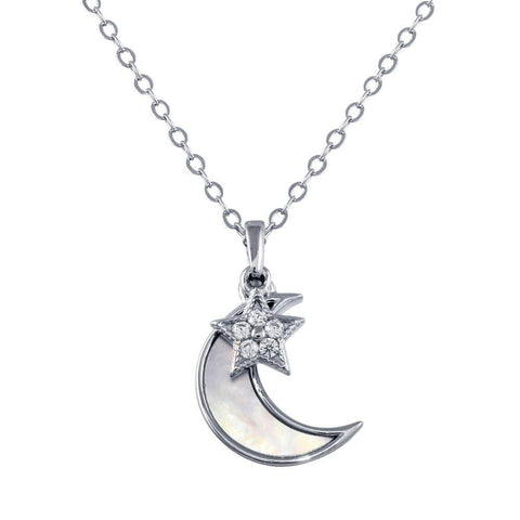 Sterling Silver Rhodium Plated CZ Synthetic Mother of Pearl Star and Crescent Moon Necklace