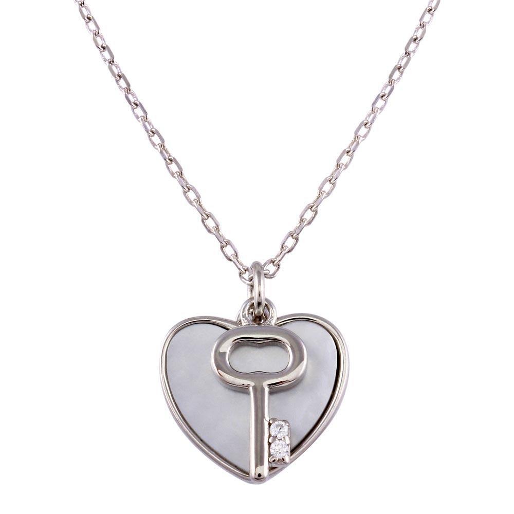 Sterling Silver Rhodium Plated Key and Mother of Pearl Hearts Necklace