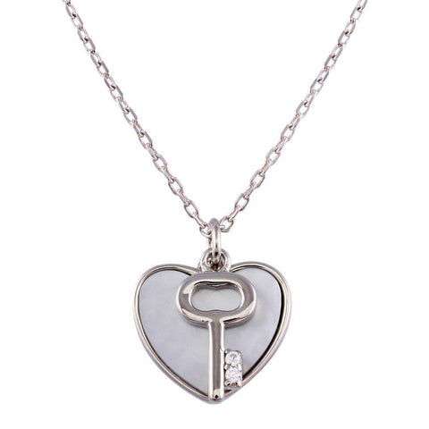Sterling Silver Rhodium Plated Key and Mother of Pearl Hearts Necklace
