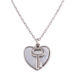 Sterling Silver Rhodium Plated Key and Mother of Pearl Hearts Necklace