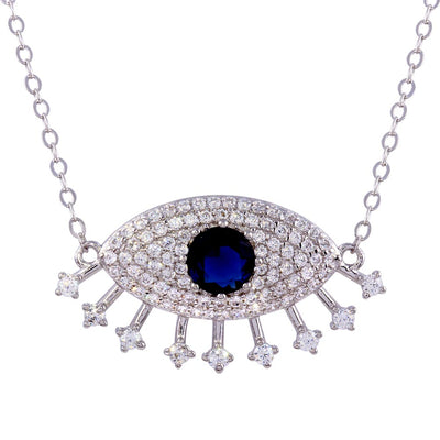 Sterling Silver Rhodium Plated Large Evil Eye Pendant with Clear and Blue CZ Necklace