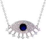 Sterling Silver Rhodium Plated Large Evil Eye Pendant with Clear and Blue CZ Necklace