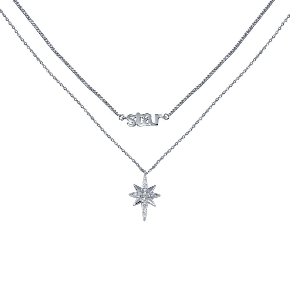Sterling Silver Rhodium Plated North Star CZ Dual Strand Necklace