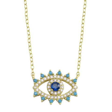 Sterling Silver Gold Plated Evil Eye Blue CZ Necklace