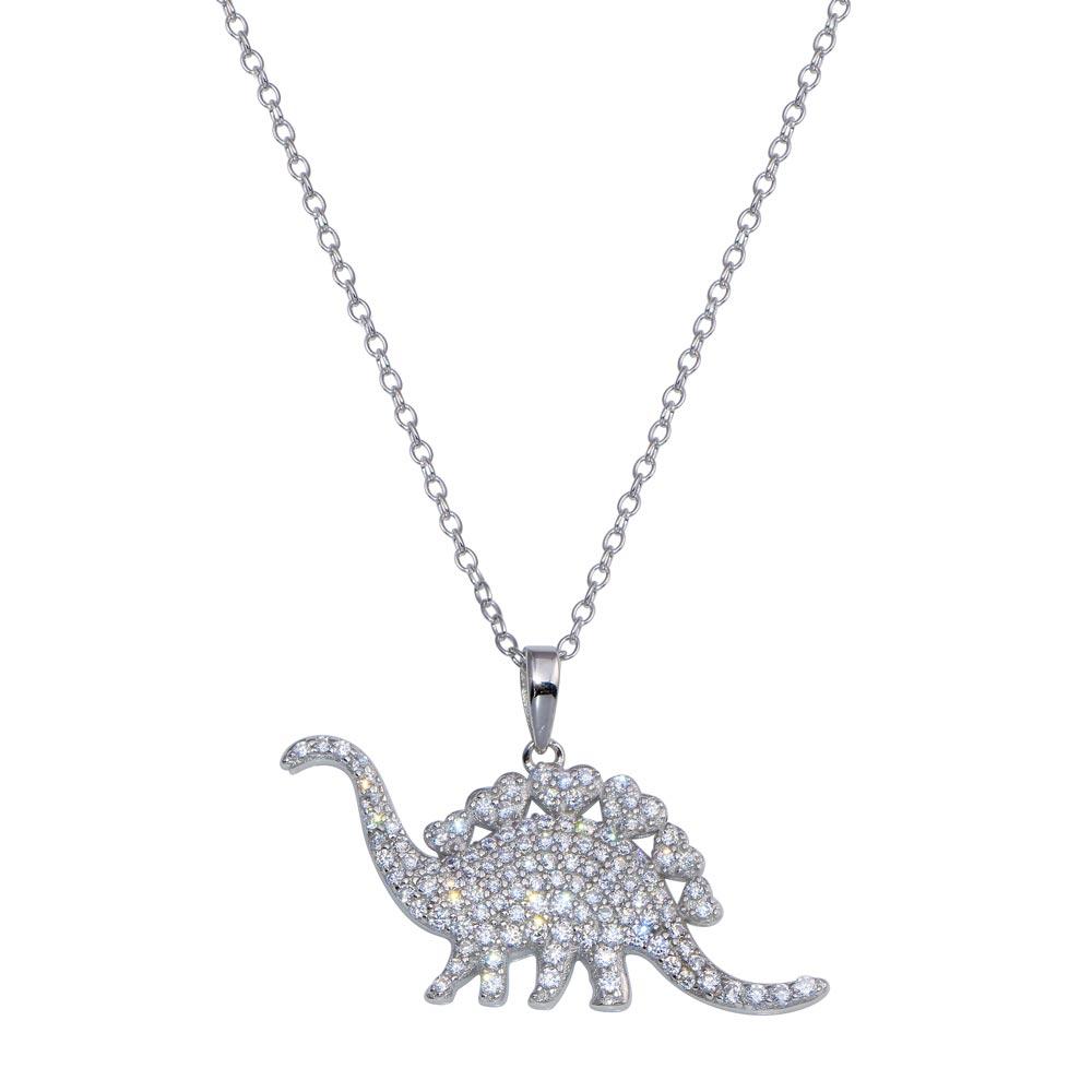 Sterling Silver Rhodium Plated Dinosaur CZ Necklace