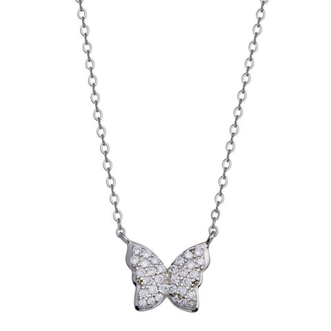 Sterling Silver Rhodium Plated Butterfly CZ Necklace