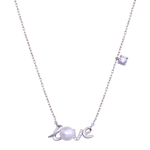 Sterling Silver Rhodium Plated Love Mother Of Pearl And CZ Necklace