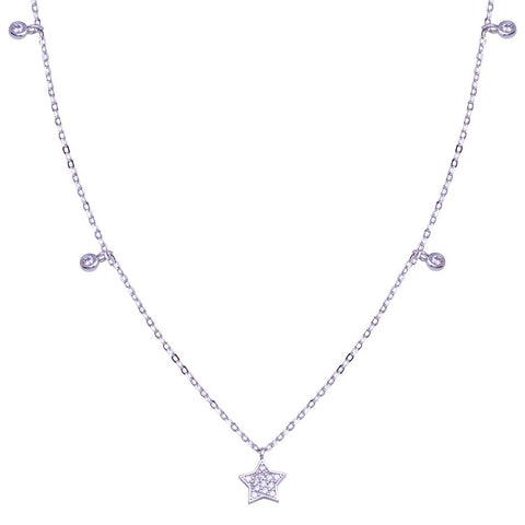 Sterling Silver Rhodium Plated Star And Round CZ Necklace