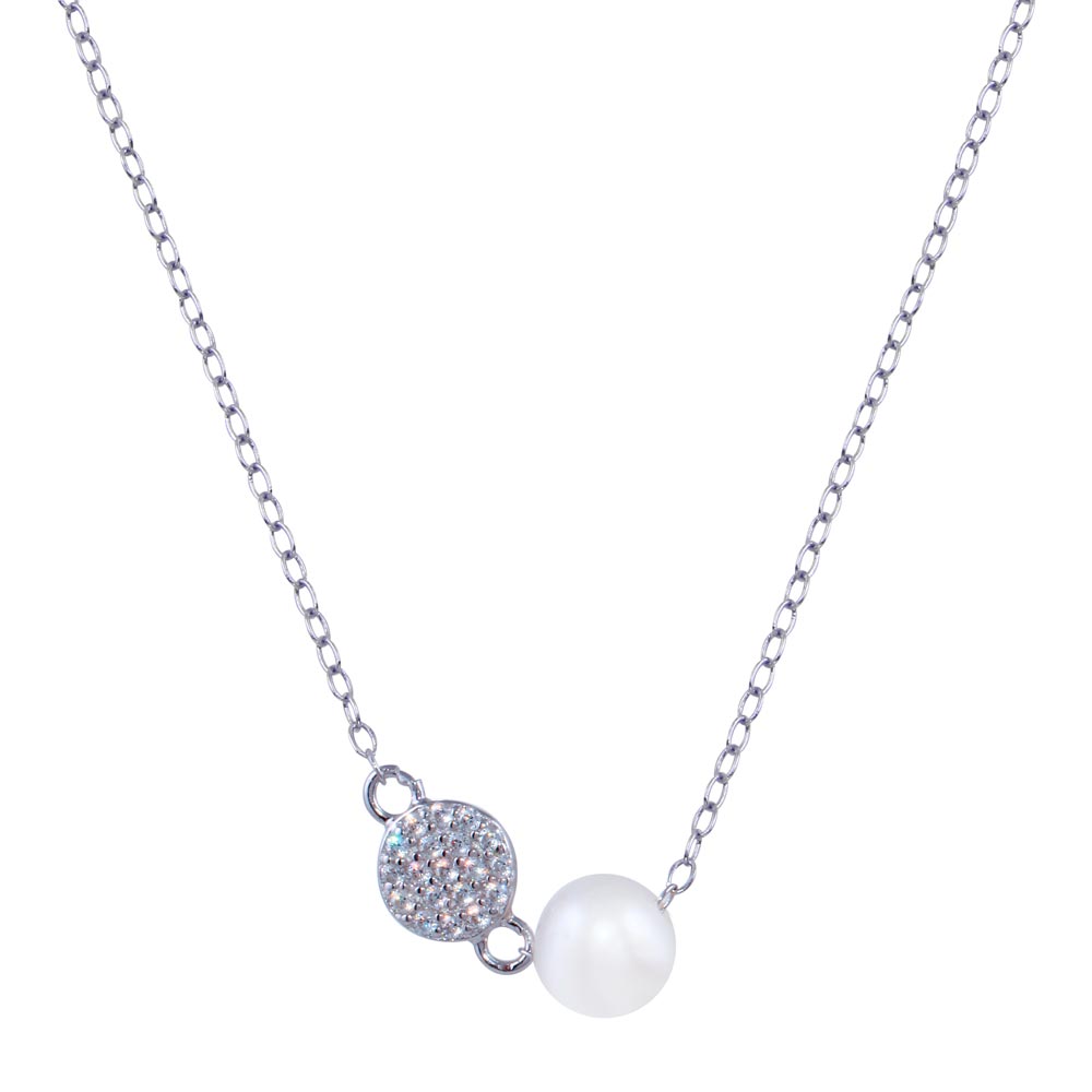 Sterling Silver Rhodium Plated Fresh Water Pearl Round Charm Clear CZ Necklace