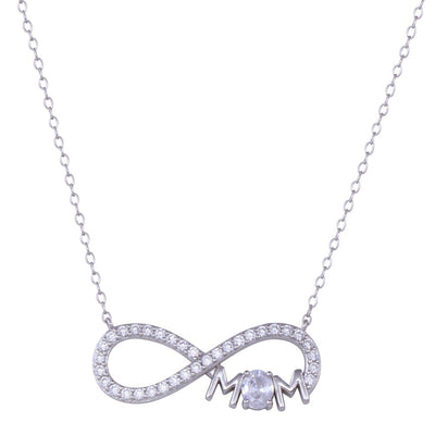 Sterling Silver Rhodium Plated Infinity Mom Charm Clear CZ Necklace
