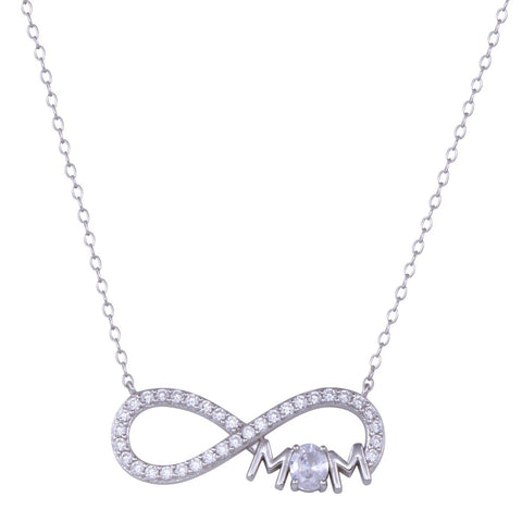 Sterling Silver Rhodium Plated Infinity Mom Charm Clear CZ Necklace