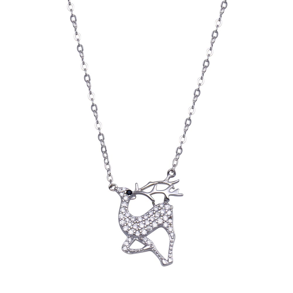 Sterling Silver Rhodium Plated CZ Deer Necklace