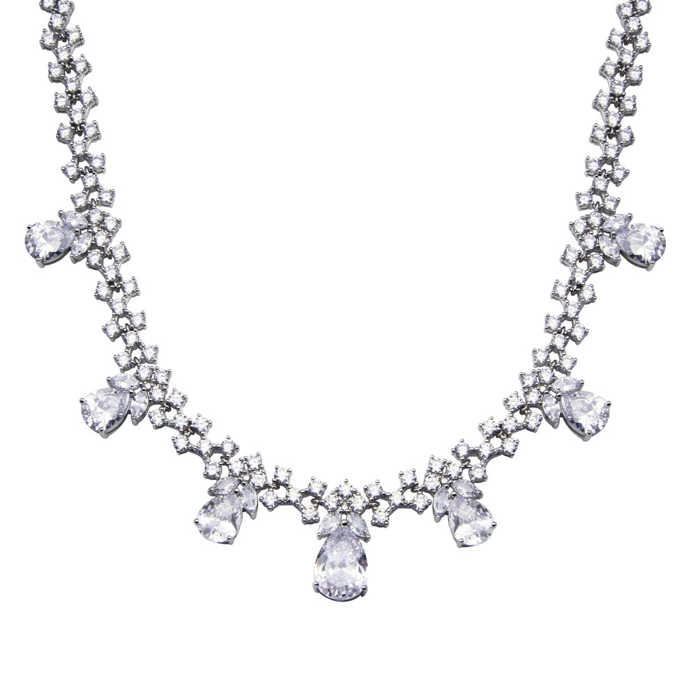Sterling Silver Rhodium Plated Multu Teardrop Clear CZ Tennis Necklace