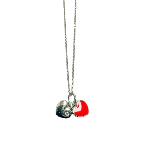 Sterling Silver Rhodium Plated Heart Red Enamel Heart Clear CZ Pendant Necklace Chain Length-16+2, Heart Dimensions-7mmx7mm, Red Heart Dimensions-7mmx6mm