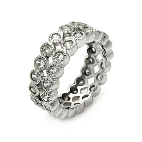 Sterling Silver Fancy Two Row Design Eternity Band Ring Set with Round Cut Clear CzsAnd Ring Width of 7MM