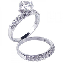 Load image into Gallery viewer, Sterling Silver Filigree Bridal Set Ring with Centered Solitaire Round Cut Clear Cz with Round Czs on Channel Setting