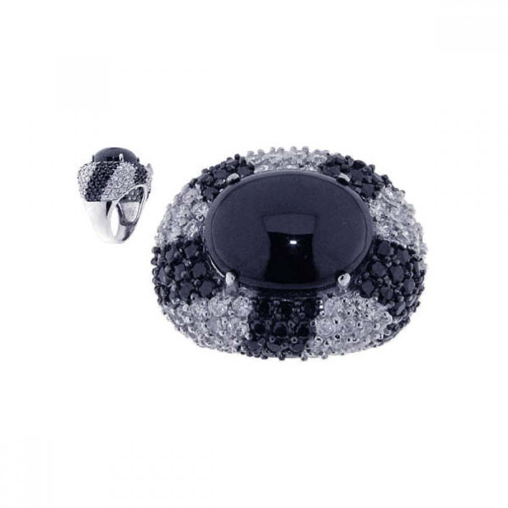 Sterling Silver Elegant Domed Band Ring Inlaid with Micro Paved Clear and Black Czs and Centered Oval Cut Black Stone