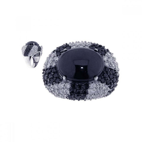 Sterling Silver Elegant Domed Band Ring Inlaid with Micro Paved Clear and Black Czs and Centered Oval Cut Black Stone