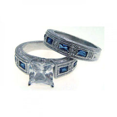 Sterling Silver Rhodium Plated Blue Baguette And Clear CZ Ornate RingAnd Width 1mm