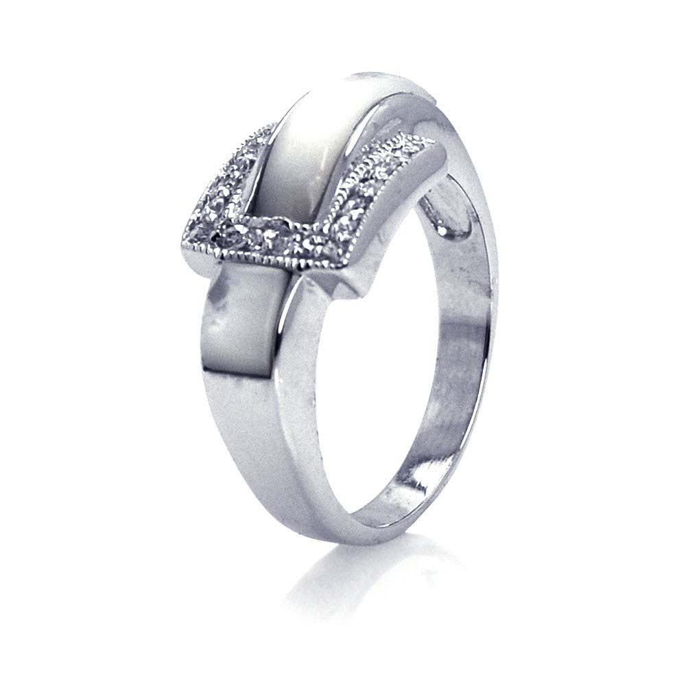 Sterling Silver Chic Pearl Belt Buckle Style Ring Embedded with Clear Cz Stones