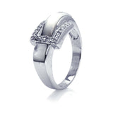 Sterling Silver Chic Pearl Belt Buckle Style Ring Embedded with Clear Cz Stones