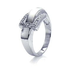 Sterling Silver Chic Pearl Belt Buckle Style Ring Embedded with Clear Cz Stones