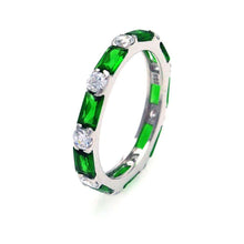 Load image into Gallery viewer, Sterling Silver Rhodium Plated Green Baguette Clear CZ Eternity RingAnd Width 3mmAnd Thickness 3mmx5mmAnd Dimensions 3mm