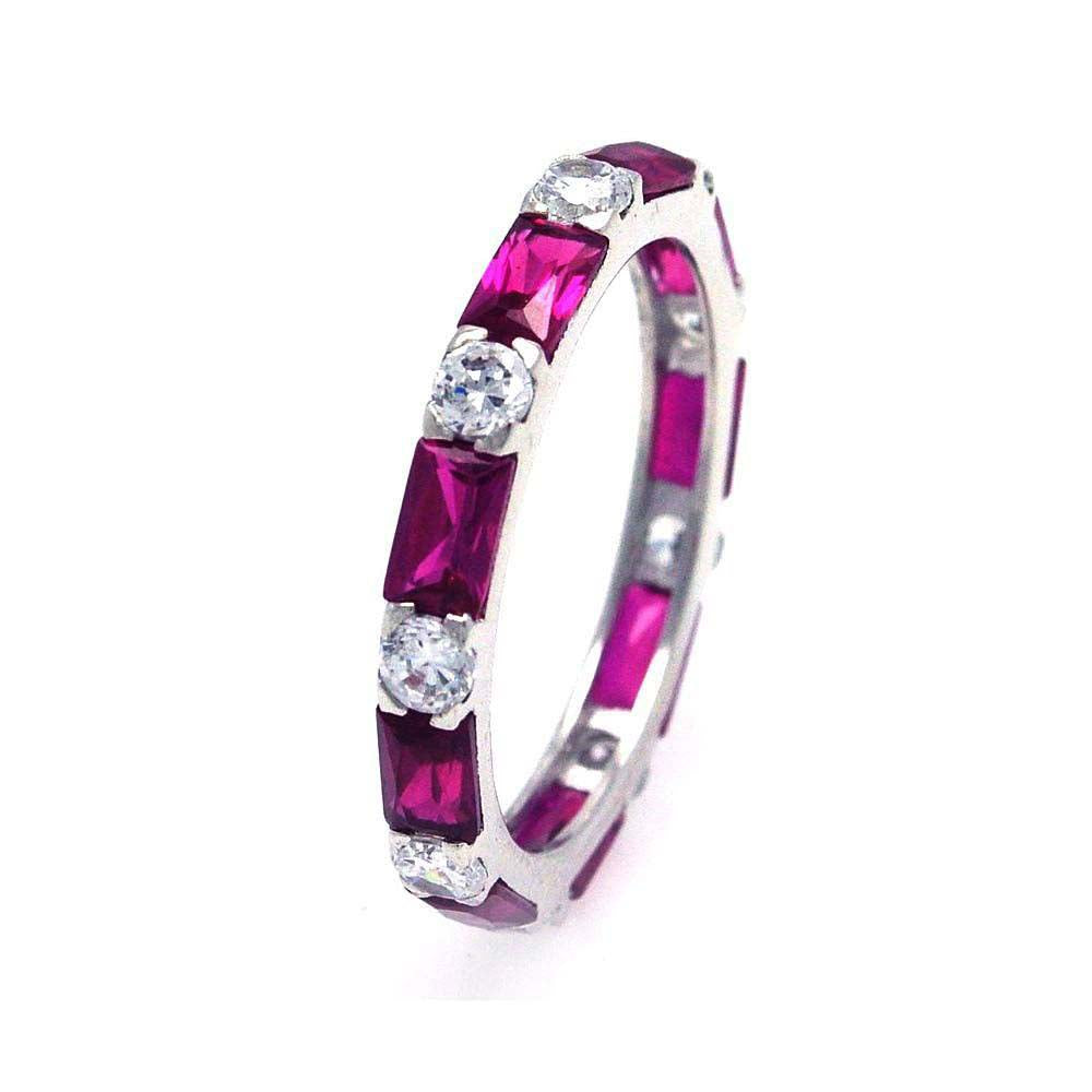 Sterling Silver Nickel Free Rhodium Plated Square Red and Clear Baguette Shaped Eternity Ring, Width 3mm, Thickness 3mmx5mm