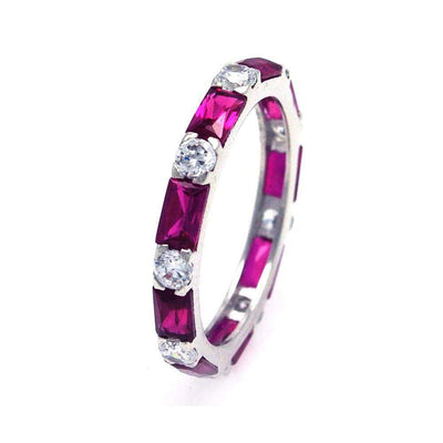 Sterling Silver Nickel Free Rhodium Plated Square Red and Clear Baguette Shaped Eternity Ring, Width 3mm, Thickness 3mmx5mm