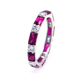 Sterling Silver Nickel Free Rhodium Plated Square Red and Clear Baguette Shaped Eternity Ring, Width 3mm, Thickness 3mmx5mm