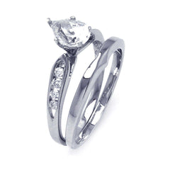 Sterling Silver Bridal Set Ring with Centered Solitaire Pear shaped Cut Clear Cz with Round Czs on Channel Setting