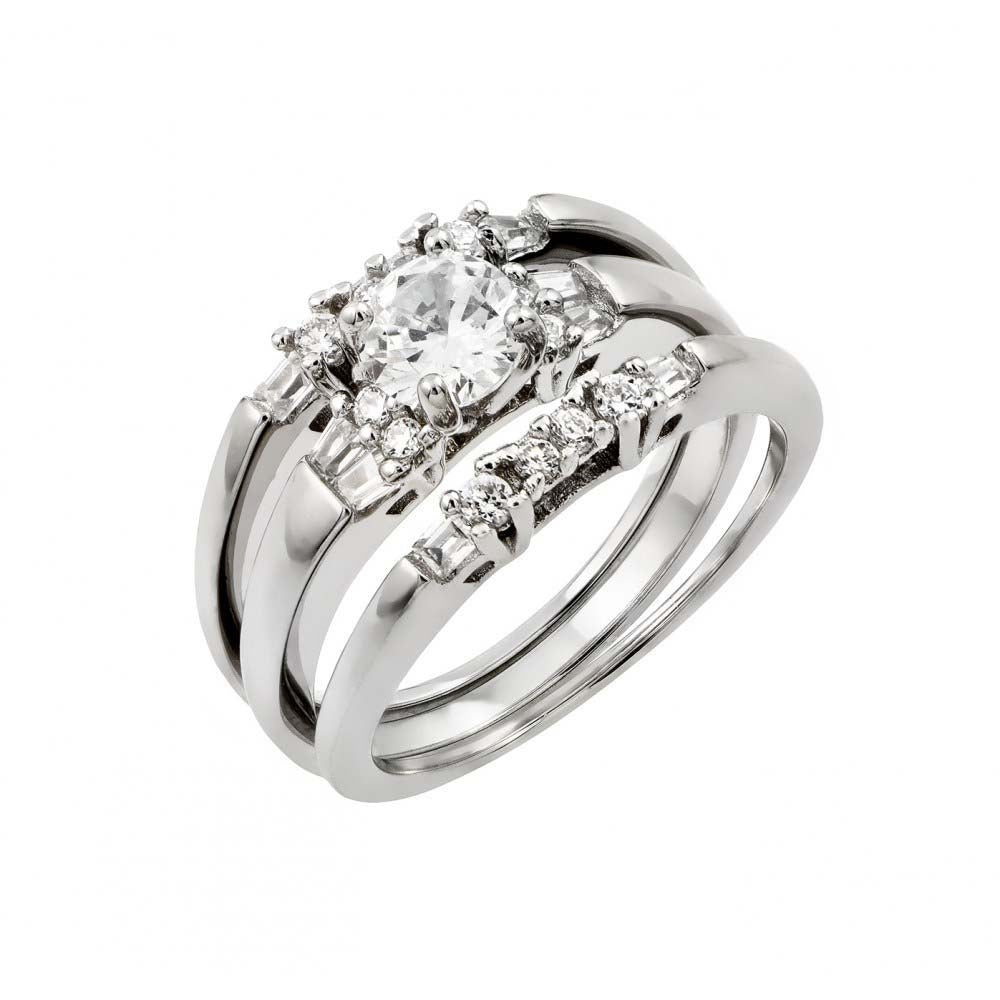 Sterling Silver Rhodium Plated Clear Round CZ Inlay Bridal Engagement Ring Pair Set