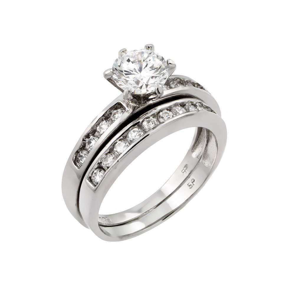 Sterling Silver Rhodium Plated Clear Round CZ Engagement Ring Pair Set