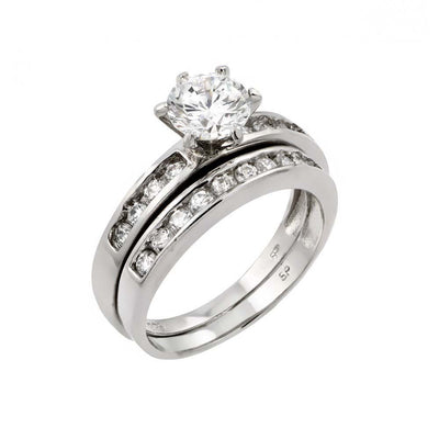 Sterling Silver Rhodium Plated Clear Round CZ Engagement Ring Pair Set