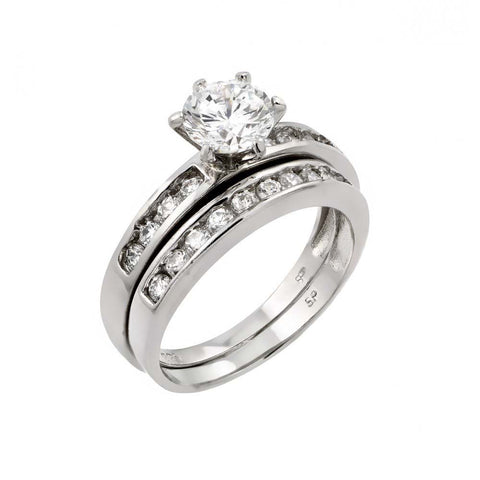Sterling Silver Rhodium Plated Clear Round CZ Engagement Ring Pair Set