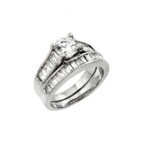 Sterling Silver Elegant 2 Pieces Engagemet Ring Set with Bageutte and Centered Round Cut Clear CzAnd Band Width of 3.8MM and 5.5MM