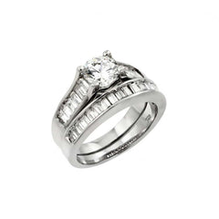 Sterling Silver Elegant 2 Pieces Engagemet Ring Set with Bageutte and Centered Round Cut Clear CzAnd Band Width of 3.8MM and 5.5MM