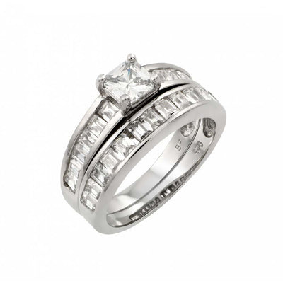Sterling Silver Rhodium Plated Clear Square CZ Inlay Engagement Ring Pair Set