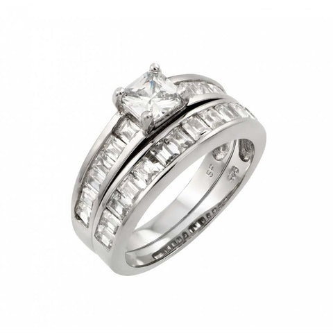 Sterling Silver Rhodium Plated Clear Square CZ Inlay Engagement Ring Pair Set