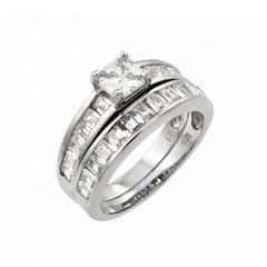 Sterling Silver Rhodium Plated Clear Square CZ Inlay Engagement Ring Pair Set